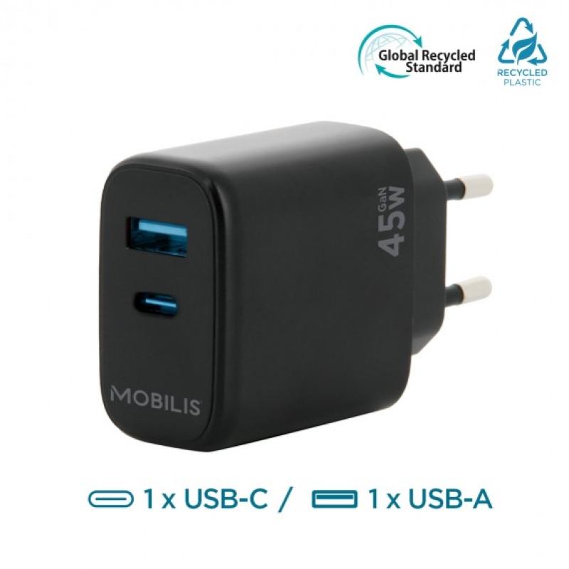 Mobilis Wandladegerät  - 45W - 1 USB A + 1 USB C - GaN. MOQ 10 un. 001363