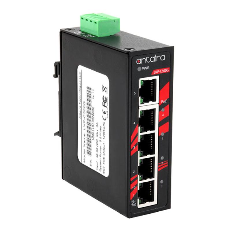 5-Port Unmanaged POE+ (30W/port) Industrial Gigabit Switch, 48-55VDC, -40 - 75C